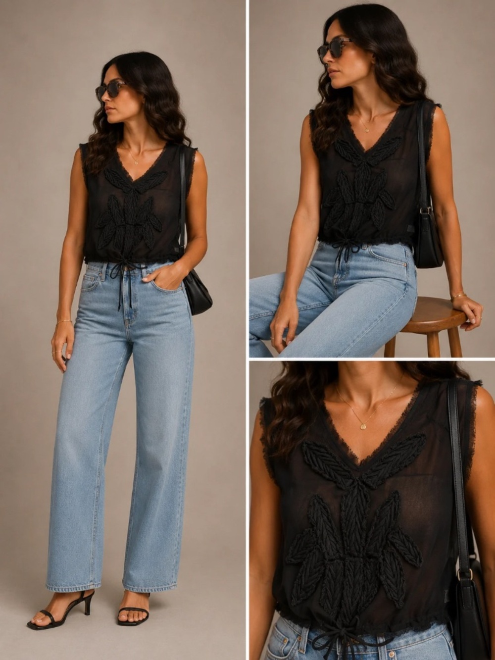 Free People Black Sheer Mesh Appliqué Drawstring Top – Small, Like New